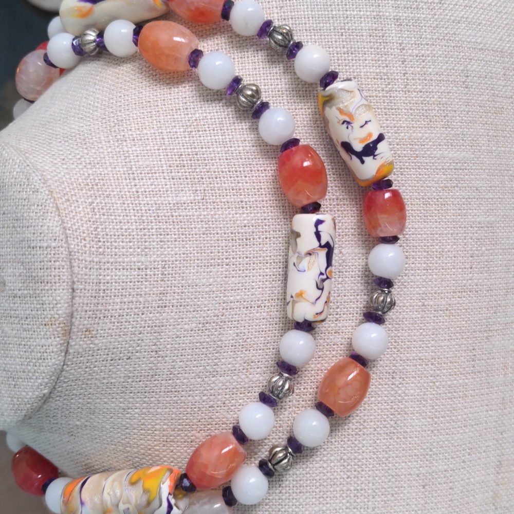 New Multi Gem Long Beaded Necklace, Artisan Unique, Amethyst, Agate, Silver, 32"